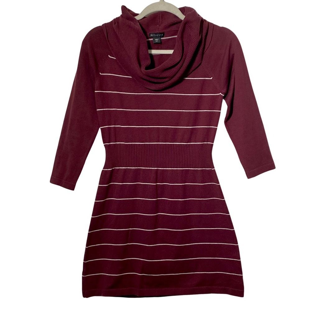 Metaphor Burgundy Striped Cowl Neck Sweater Mini Dress Size Medium